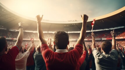 Fototapeta na wymiar Football fans cheering at football at football stadium