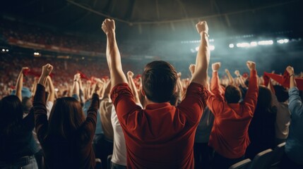 Football fans cheering at football at football stadium - obrazy, fototapety, plakaty