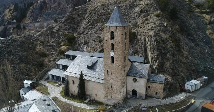 Romanesque church of Sant Serni de Canillo. Andorra. Winter. Aerial. 