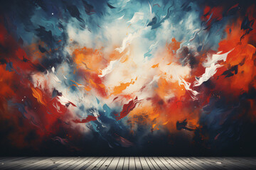 Explosive and colorful cloudscape over wooden floor