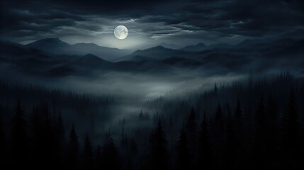 Fototapeta premium dark moody valley in night with veils of fog with clouds and full moon
