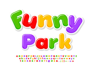 Vector playful sign Funny Park. Kids Glossy Font. Bright Colorful Alphabet Letters and Numbers
