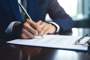Businessman signing an investment contract, marking the beginning of a significant financial agreement. - obrazy, fototapety, plakaty