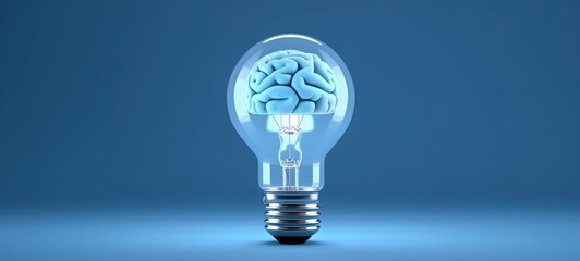 Light bulb with a blue brain inside, concept idea on a blue background