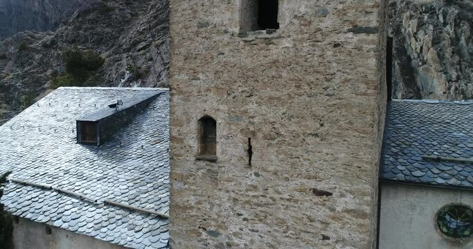 Romanesque church of Sant Serni de Canillo. Andorra. Winter. Aerial. 