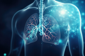 Healthcare with futuristic medical research focused on lung health. Innovative diagnosis and vital monitoring in a clinical hospital setting. Wide banner with copy space area - obrazy, fototapety, plakaty