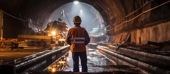 Tuinposter Tunnel worker during construction at tunnel railway underground construction © ETAJOE
