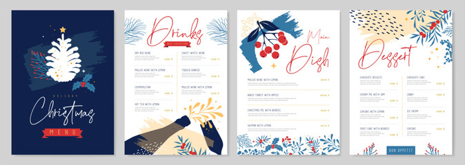 Restaurant Christmas holiday menu design with christmas floral desoration. Vector illustration - obrazy, fototapety, plakaty