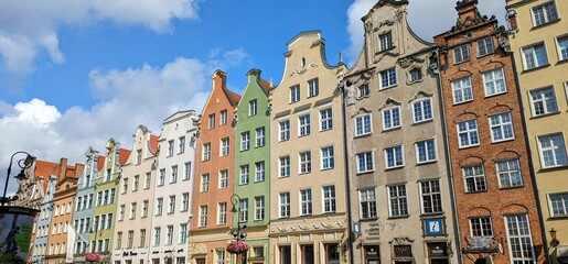 Row of historic colorful buildings in the center of Gdansk, Poland