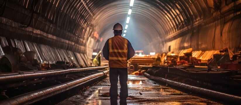 Fototapeta Tunnel worker during construction at tunnel railway underground construction