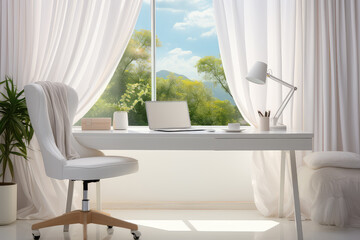 Minimalist interior design, where a clean white workspace with a laptop, desk, and elegant curtains creates a serene and productive environment.