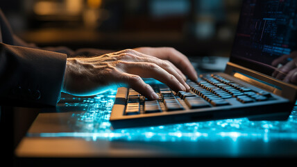 Business concept. Photo close up of Businessman hand is typing with a laptop keyboard. Doing work, surfing internet, chatting, research market data. Generative AI - obrazy, fototapety, plakaty