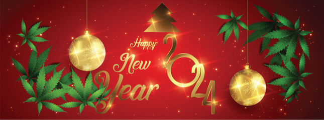 Happy New Year 2024 - New Year Shining background with marijuana leaf. Vector illustration.