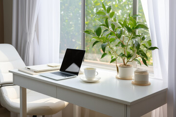 Obraz na płótnie Canvas Minimalist interior design, where a clean white workspace with a laptop, desk, and elegant curtains creates a serene and productive environment.