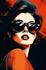 Portrait of a beautiful fashionable woman with a hairstyle and sunglasses, orange and black color background. Illustration, poster in style of the 1960s