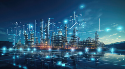Petrochemical factory equipped with storage tanks, the backbone of energy infrastructure. Industrial technology in energy production and oil demand price chart concepts. Wide banner with copy space. - obrazy, fototapety, plakaty