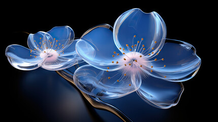  a close up of a blue flower on a black background.  generative ai