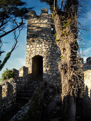 Medieval Castelo dos Mouros aka Castle of the Moors in Sintra, Portugal. Watchtower and defensive wall