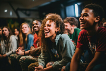 group of cheerful teenagers reacting with laughter to a lecture in an informal setting