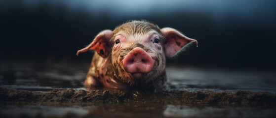 Happy as a pig in mud, pink piglet all smiles and joyful being as dirty as possible and head deep in muck - closeup portrait farm animal.