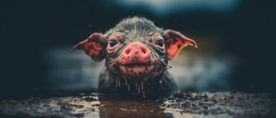 Happy as a pig in mud, pink piglet all smiles and joyful being as dirty as possible and head deep in muck - closeup portrait farm animal. - obrazy, fototapety, plakaty