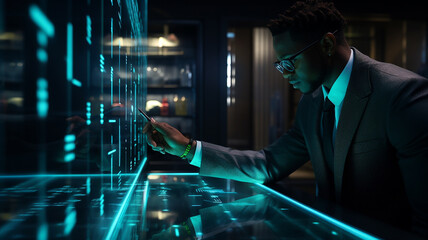 Businessman is doing data research using a hologram screen. Holographic economic chart, global economic trend analysis, financial graph analysis on virtual screen. Generative AI