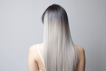 Obraz premium The rear view of a young woman with sleek, silver long hair, photographed in a studio with a white background and professional lighting. Generative AI.