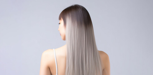 The rear view of a young woman with sleek, silver long hair, photographed in a studio with a white...