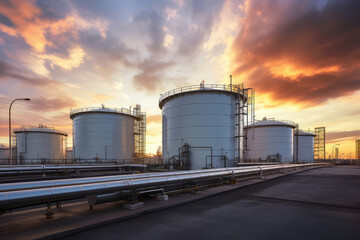 Fototapeta premium Petrochemical factory equipped with storage tanks, the backbone of energy infrastructure. Industrial technology in energy production and oil demand price chart concepts. Wide banner with copy space.