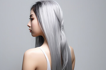 The rear view of a young woman with sleek, silver long hair, photographed in a studio with a white...