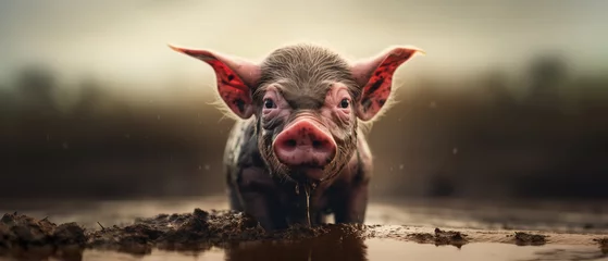 Fotobehang Happy as a pig in mud, pink piglet all smiles and joyful being as dirty as possible and head deep in muck - closeup portrait farm animal. © SoulMyst