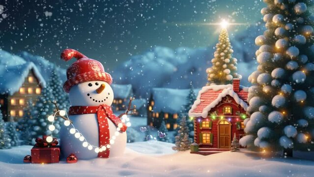 christmas tree with snowman and gifts. with cartoon style. seamless looping time-lapse virtual video animation background.