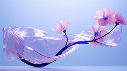  a glass vase with pink flowers on a blue table top.  generative ai