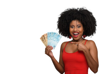 woman holding money, young woman holding brazilian money.	