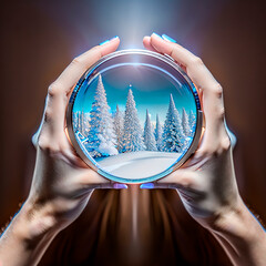 Winter New Year's forest through a magnifying glass in the hands of a man. Gnerative AI art