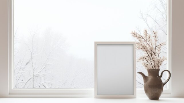 Minimal white winter indoor decor. Blank wooden picture frame mockup and flowers in vase on window with white winter trees landscape.