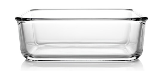A clear baking dish devoid of contents sits alone on a white backdrop