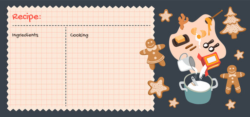 Recipe cards. Culinary book blank pages. Ginger cookies recipe illustration.