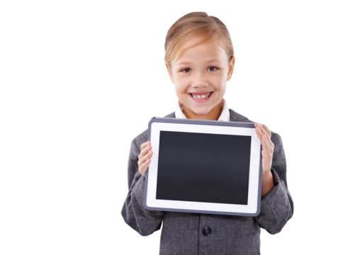 Portrait, tablet and a girl child in a suit isolated on a transparent background for business or website advertising. Technology, smile and marketing with a happy young kid on PNG for a presentation