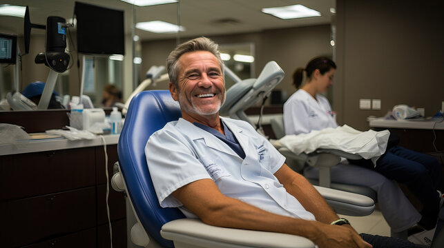 dentist sits happily in his office