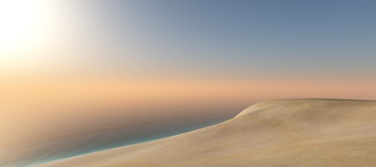 Desert of sand and sea, Seascape, sunset over the archipelago, 3D rendering