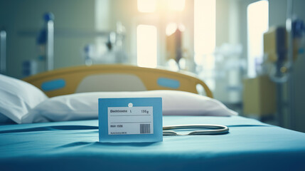 Patient identification and medical records in a hospital recovery room. Importance of healthcare technology in ensuring accurate patient information. Wide banner with copy space area.