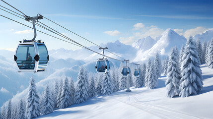 Mountain lift, cable chairlift transport, Ski lift, winter landscape, snow mountains, Winter vacation, alpine landscape, activity, Winter resort concept - obrazy, fototapety, plakaty