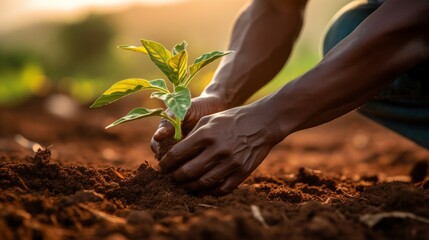 A cropped image shows an African American agricultural laborer sowing coffee seeds. - Powered by Adobe