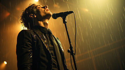 singer on stage with microphone in downpour - obrazy, fototapety, plakaty