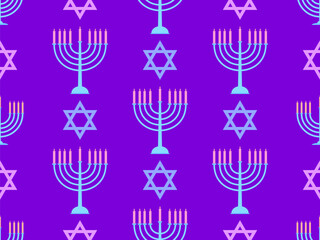 Hanukkah seamless pattern with Menorah with nine candles and stars of David. Lighted Hanukkah candles. Design of greeting cards, banners and promotional products. Vector illustration