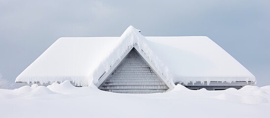 After a substantial snowfall during wintertime the roof of a residence is enveloped in a layer of white snow - obrazy, fototapety, plakaty