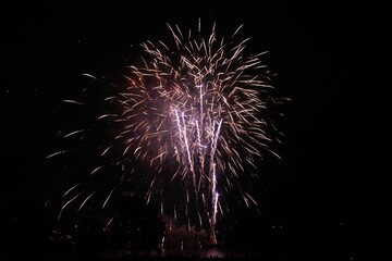 Vibrant display of fireworks lights up the night sky, creating a beautiful scene of dazzling colors