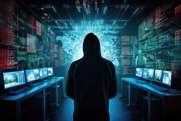 The dark side of the digital world with a silhouette of a hacker in a hoodie against a backdrop of digital data. This image conveys the concept of cybersecurity and online protection.