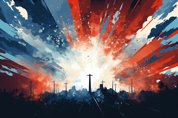 Obraz premium Abstract skyline with explosive colors at dawn or dusk